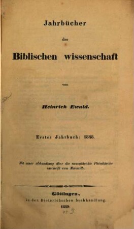 Jahrbücher der biblischen Wissenschaft. 1. 1848 (1849)