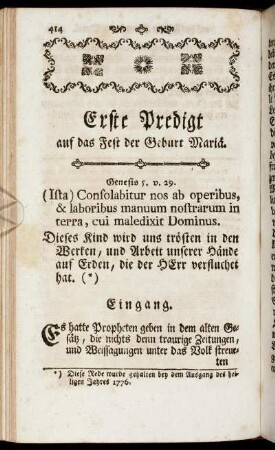 Erste Predigt auf das Fest der Geburt Mariä.