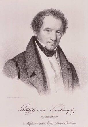 Adolph von Carlowitz auf Falkenhayn (1787 Großhartmannsdorf-1865 Falkenhain; königlich-sächsische Major und Steuereinnehmmer). Lithografie von Carl Lutherer, um 1835.