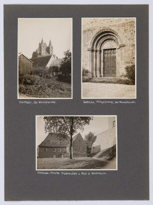 Referenzmappe 3/17 des Fotografen Walter Möbius : Mappenblatt 40 mit drei Fotografien (Nikolaikirche und deren Pfingstportal sowie einstige Stadtmühle in Geithain)