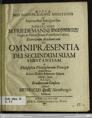 Exercitium academicum de omnipraesentia dei secundum suam substantiam : ex philosophia philosophorum principis demonstrata