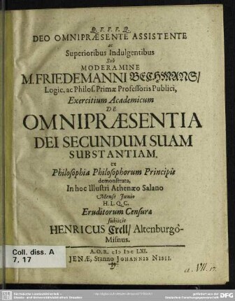 Exercitium academicum de omnipraesentia dei secundum suam substantiam : ex philosophia philosophorum principis demonstrata