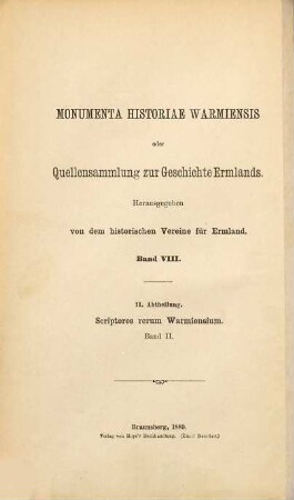 Monumenta historiae Warmiensis oder Quellensammlung zur Geschichte Ermlands, Band 2