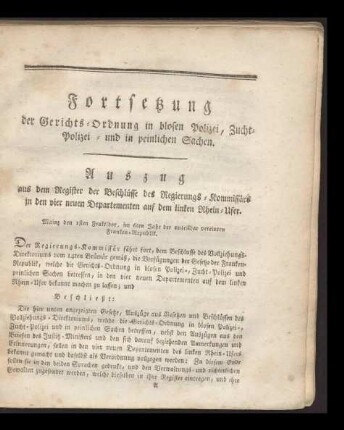 Fortsetzung der Gerichts-Ordnung in blosen Polizei, Zucht-Polizei und in peinlichen Sachen