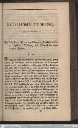 Vorläufige Kenntnisse von dem Uibergange der Arithmetik zur Algebra. Erklärung und Gebrauch der algebraischen Zeichen