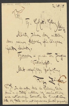 Brief an B. Schott's Söhne : 02.10.1910