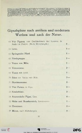 Gipsabgüsse nach antiken und modernen Werken und nach der Natur (Nr. 63-123)