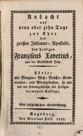 Andacht auf neun oder zehn Tage zur Ehre des ... heil. Franziscus Xaverius