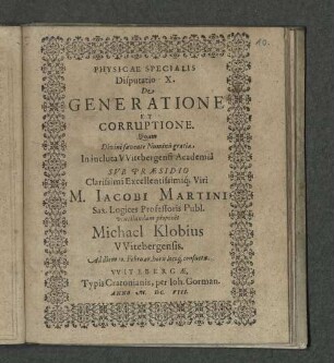 Physicae Specialis Disputatio X. De Generatione Et Corruptione