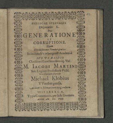 Physicae Specialis Disputatio X. De Generatione Et Corruptione