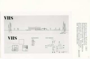 Heimvolkshochschule, Berlin-Dahlem (Diplomarbeit bei Peter Poelzig): Grundriss Kellergeschoss 1:200, Ansicht von Osten und Schnitt