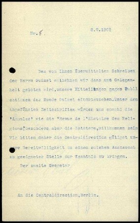 Bericht des zweiten Sekretars an die Zentral-Direktion