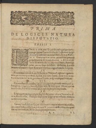 Prima De Logices Natura Disputatio. Thesis I. - XXXVII.