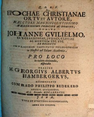 De Epochae Christianae Ortv Et Avtore