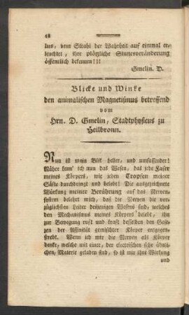 Blicke und Winke den animalischen Magnetismus betreffend vom Hrn. D. Gmelin, Stadtphysicus zu Heilbronn