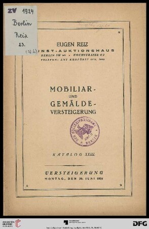Mobiliar- und Gemälde-Versteigerung : [Gemälde, Mobiliar und kunstgewerbliche Gegenstände usw.] ; Versteigerung 30. Juni 1924 (Katalog Nr. 23)