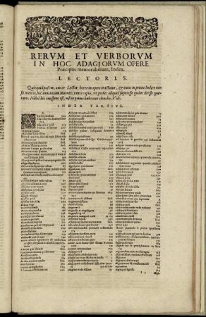 Rerum Et Verborum In Hoc Adagiorum Opere Præcipue memorabliium, Index.