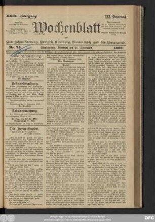 Wochenblatt für Bad Schmiedeberg, Pretzsch, Kemberg, Dommitzsch und die Umgegend, Nr. 75 Schmiedeberg, Mittwoch den 20.September