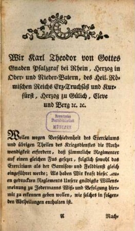 Seiner Kurfürstlichen Durchleucht von der Pfalz Kriegs Reglement vor Dero samtliche Infanterie von dem Jahr 1778. 1,[1]