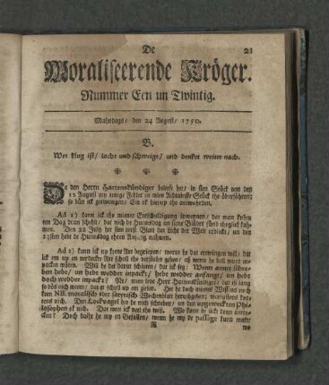 Nummer Een un Zwintig. Mahndags den 24. August 1750