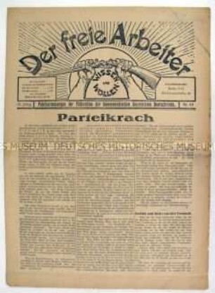 Linksradikale Wochenzeitung "Der freie Arbeiter" mit Polemik gegen die großen Arbeiterparteien