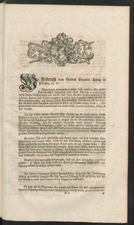 Wir Friderich von Gottes Gnaden König in Preußen, [et]c. [et]c.