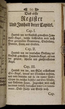 Das erste Register und Innhalt derer Capitel.