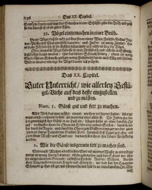 Das XX. Capitel. Guter Unterricht/ wie allerley Geflügel-Viehe auf das beste einzustellen und zu mästen.