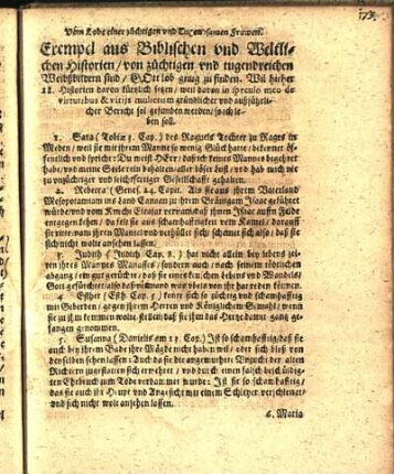 Exempel aus Biblischen vnd Weltlichen Historien / von züchtigen vnd tugendreichen Weibßbildern sind / Gott lob gnug zu finden ...