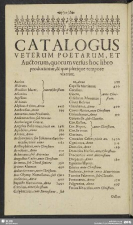 Catalogus Veterum Poetarum, Et Auctorum, quorum versus hoc libro producuntur, & quo plerique tempore vixerint