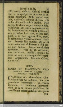 XXXIII. Nobili Et Clarissimo Viro Domino Ioanni Halesio, Ioannes Sturmius