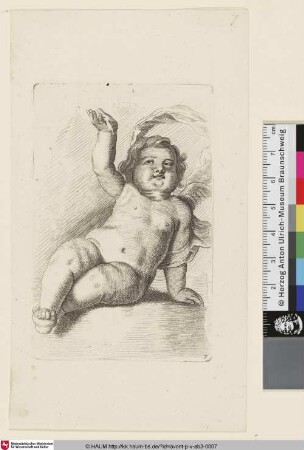 [Sitzender Putto, auf den linken Arm gestützt, den rechten Arm erhoben]
