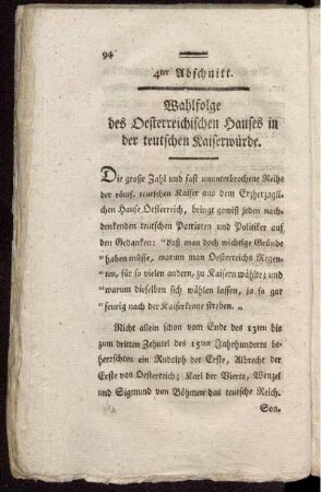 4ter Abschnitt. Wahlfolge des Oesterreichischen Hauses in der teutschen Kaiserwürde.