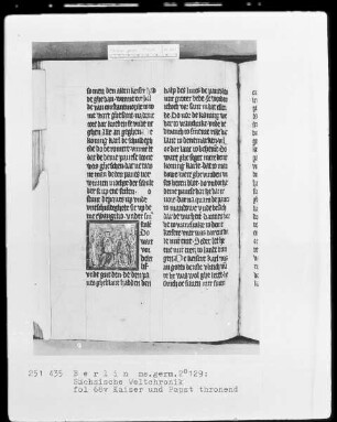Sächsische Weltchronik (bis zum Jahre 1229) — Kaiser Karl und der Papst thronend, Folio 68verso