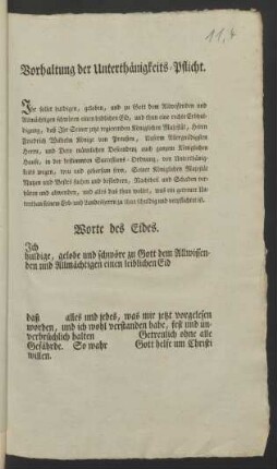 Vorhaltung der Unterthänigkeits-Pflicht. Ihr sollet huldigen, geloben, und zu Gott dem Allwissenden und Allmöchtigen schwören einen leiblichen Eid ...