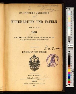 33.1884(1881): Nautisches Jahrbuch oder Ephemeriden und Tafeln : für d. Jahr ... : zur Bestimmung der Zeit, Länge u. Breite zur See nach astronom. Beobachtungen