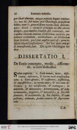 Dissertatio I: De Entis conceptu, modis, differentiis, ac variis divisionibus