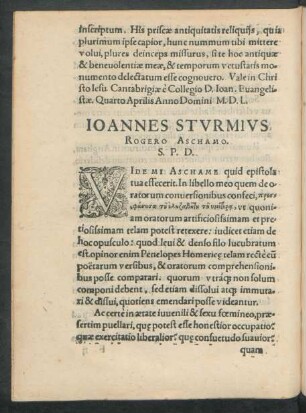 Ioannes Sturmius Rogero Aschamo. S. P. D.