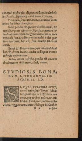 Studiosis Bonarum Literarum, Ioachimus. S. D.