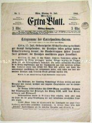 "Wiener Extra-Blatt" über das Gefecht bei Aschaffenburg und die preußischen Truppenbewegungen. Wien, 16. Juli 1866