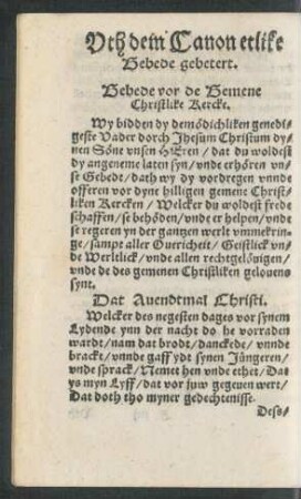 Uth dem Canon etlike Gebede gebetert.