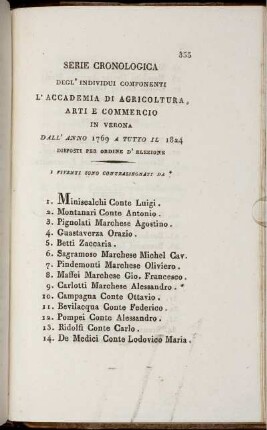 Serie Cronologica degl' Individui Componenti L'Accademia di Agricoltura, arti e Commercio in Verona dall' anno 1769 a tutto il 1824