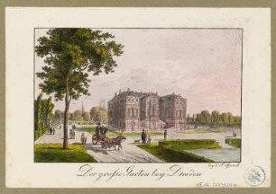 Ansicht vom Palais im Großen Garten, Radierung um 1810 : Der Großen Garten bey Dresden / bey C. F. Sprinck. - [Dresden] , [ca. 1810]. - 1 Kunstblatt : kolorierte Radierung ; 12,4 x 8,1 cm