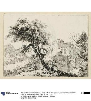 Landschaft: Im Vordergrund lagerndes Paar unter einem Baum, im Hintergrund Ruinen