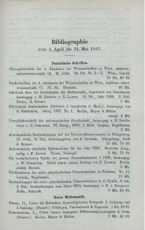 Bibliographie vom 1. April bis 31. Mai 1887.