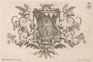 Vignette mit Putten, Öllampen und dem Wappen der Albani