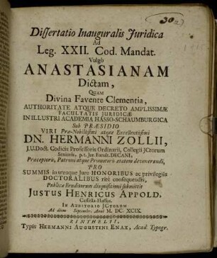 Dissertatio Inauguralis Iuridica Ad Leg. XXII. Cod. Mandat. Vulgo Anastasianam Dictam