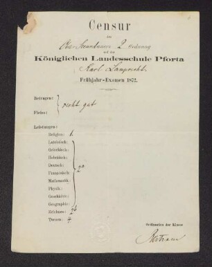 [Zeugnis:] Censur des Ober-Secundaners 2. Ordnung auf der Königlichen Landesschule Pforta Karl Lamprecht : Frühjahrs-Examen 1872