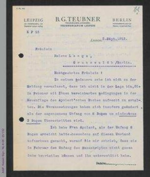 Brief des B.G. Teubner Verlags an Helene Lange
