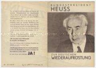 Propagandaschrift der DDR gegen die Wiederbewaffnung der Bundesrepublik mit einer Aussage von Bundespräsident Heuss aus dem Jahr 1949